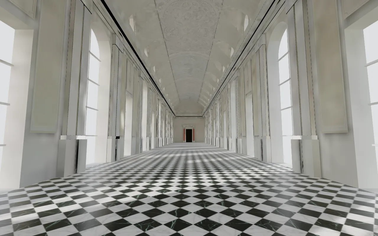 Ricostruzione 3D della Galleria Grande della Reggia di Venaria, con il pavimento a scacchiera e la luce dalle arcate (ricostruzione 3D)