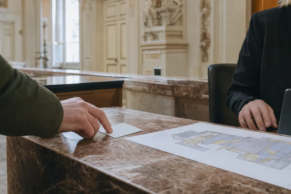 Mano che porge una tessera museale al banco della biglietteria di un palazzo barocco (immagine creata con AI)
