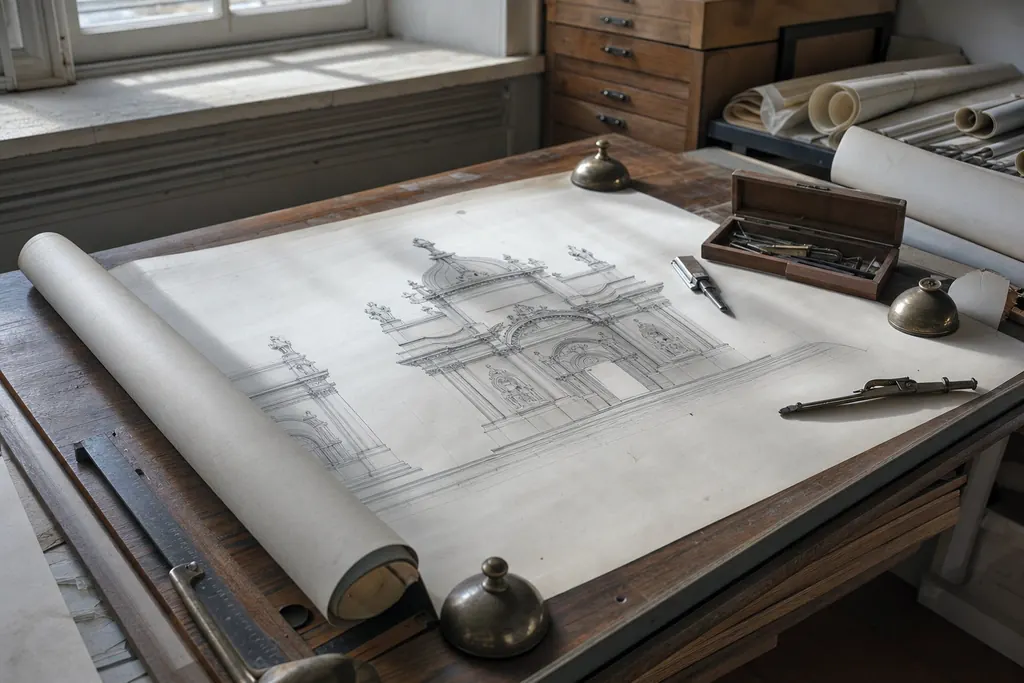Tavolo d'archivio con grandi disegni architettonici barocchi, compassi e righelli alla luce della finestra (immagine creata con AI)