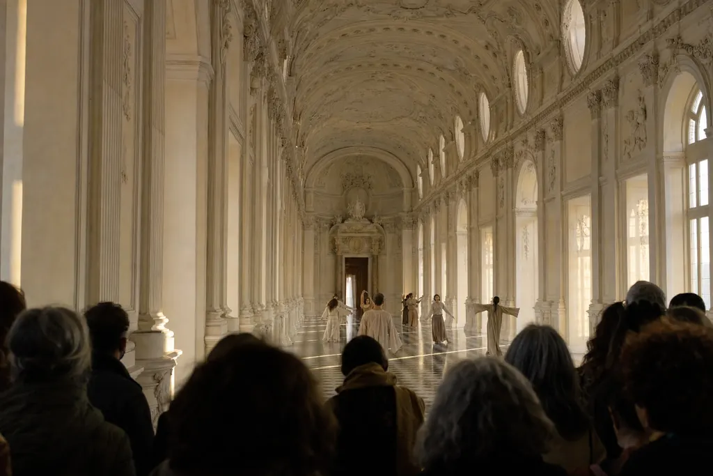 Danzatori nella lunga galleria barocca bianca al tramonto, con il pubblico in piedi sullo sfondo (immagine creata con AI)