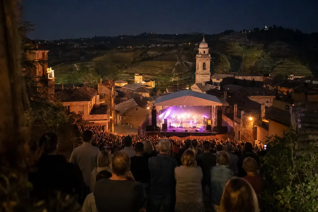Folla di spalle in una piazza collinare illuminata da luci di concerto con vigne sullo sfondo (immagine creata con AI)