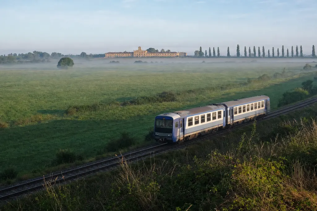 Treno regionale nella pianura con una lunga residenza color ocra sullo sfondo (immagine creata con AI)