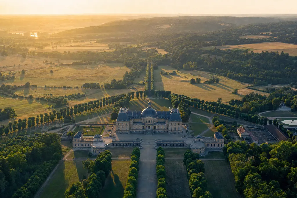 Veduta aerea di una pianura con viali alberati che convergono su una grande residenza (immagine creata con AI)