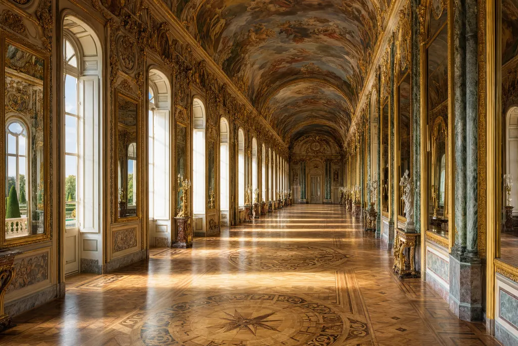 Galleria barocca con volta affrescata, specchi dorati e parquet intarsiato illuminati dalla luce del mattino (immagine creata con AI)