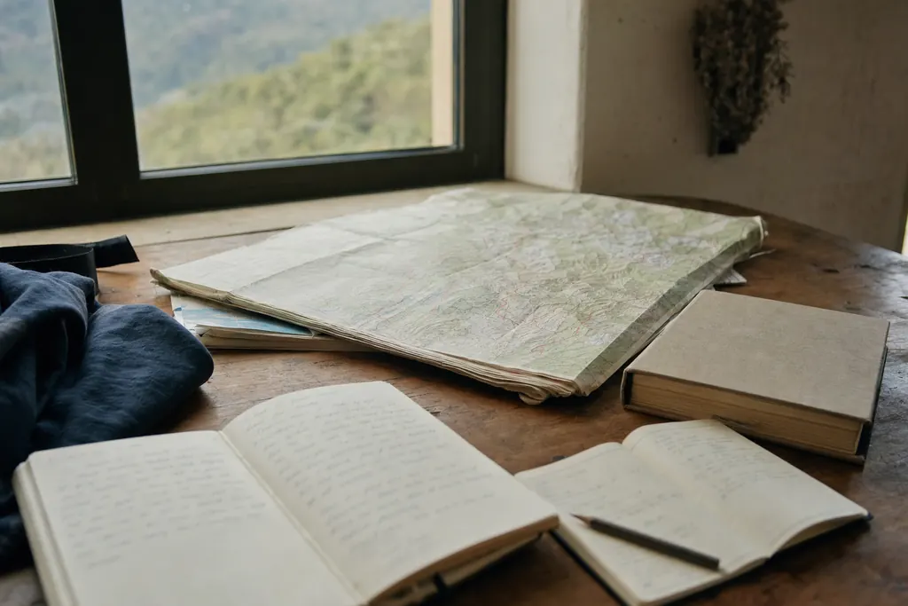 Tavolo di lavoro con mappe del Piemonte, quaderni e una guida aperta alla luce del mattino (immagine creata con AI)