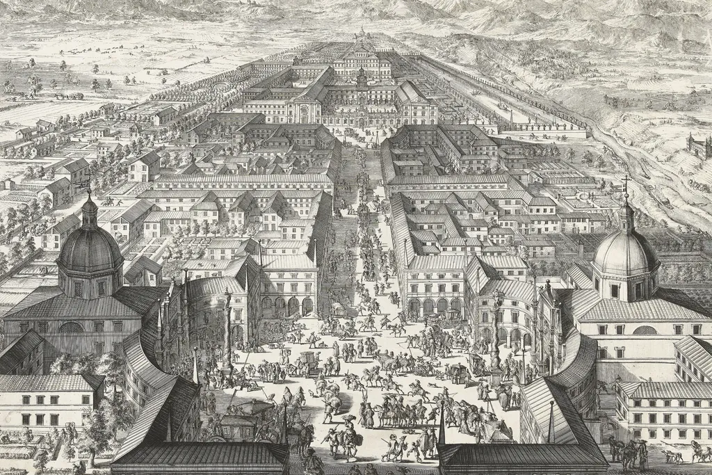 Regiae Venationis Aedium Prospectus, Theatrum Sabaudiae, tavola I.36, incisione attribuita a Romeyn de Hooghe, 1682